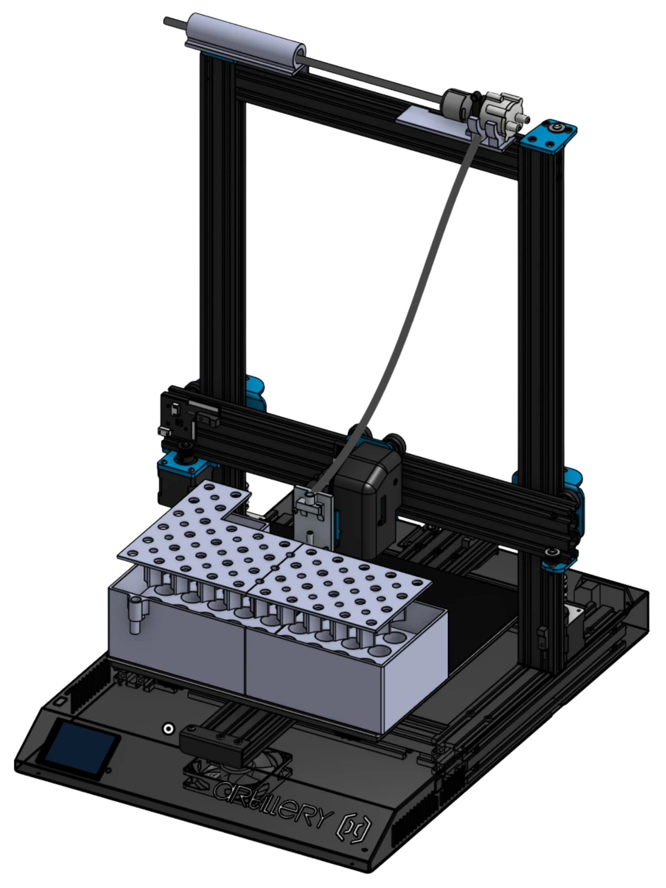 CAD model of the modified 3D printer, pump, needle holder, and sample rack