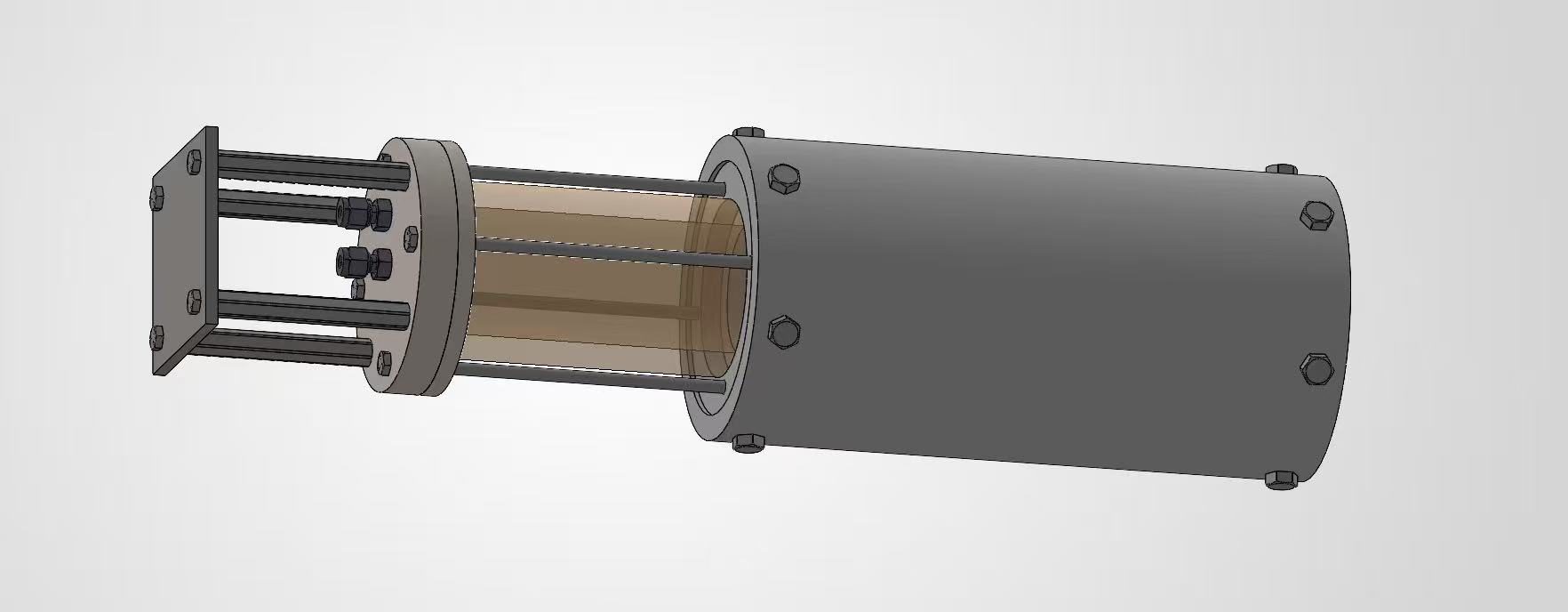 CAD assembly of the injector test bed with a transparent chamber and external tie rods