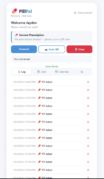 Patient portal shown in the presentation with connection controls and a timestamped log